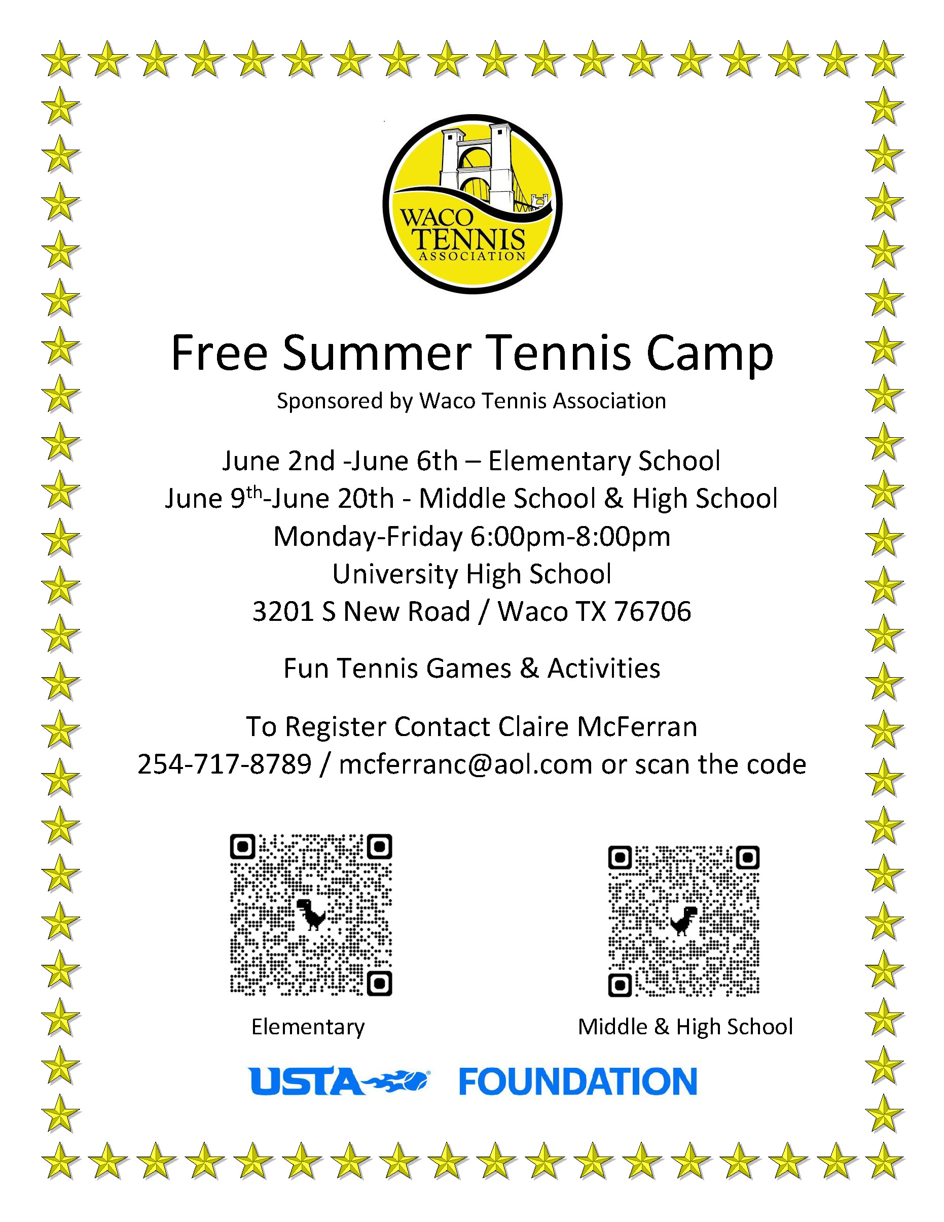 Waco Tennis Association FREE Summer Tennis Camp 2025